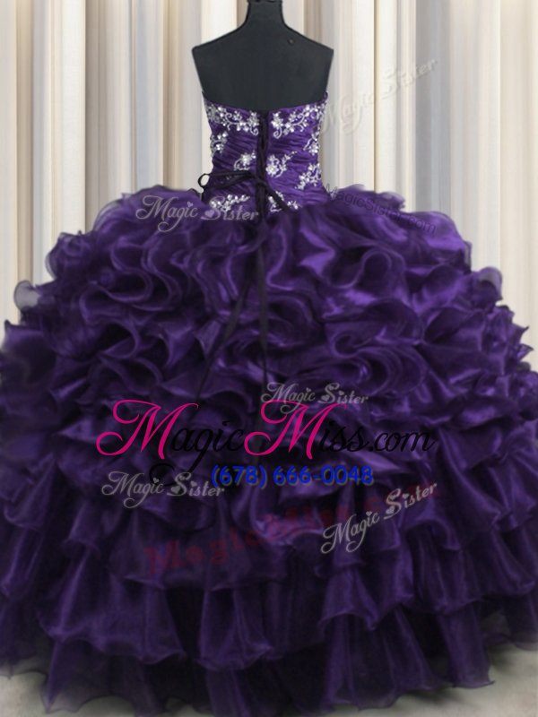 wholesale amazing floor length lace up ball gown prom dress purple and in for military ball and sweet 16 and quinceanera with appliques and ruffles and ruffled layers