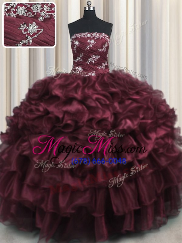 wholesale delicate ruffled layers floor length wine red quinceanera gown strapless sleeveless lace up