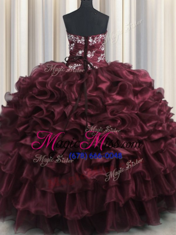 wholesale delicate ruffled layers floor length wine red quinceanera gown strapless sleeveless lace up
