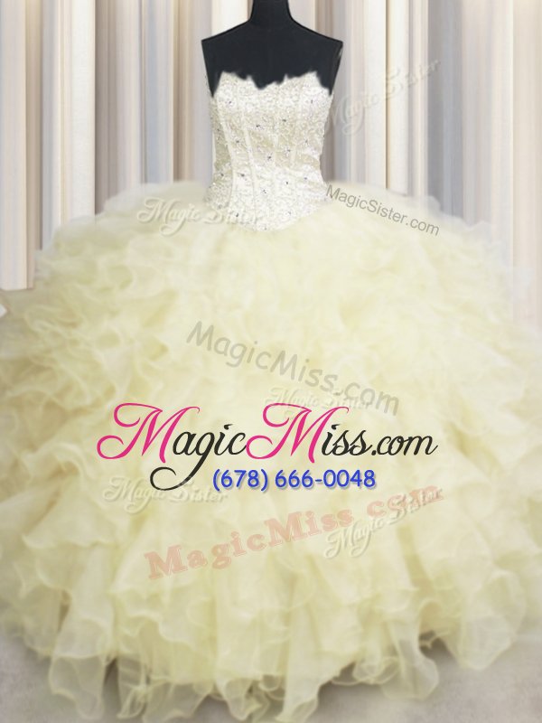 wholesale pretty light yellow lace up sweetheart beading and ruffles quinceanera dress organza sleeveless