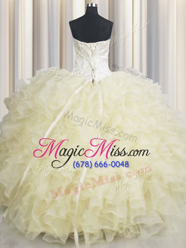 wholesale pretty light yellow lace up sweetheart beading and ruffles quinceanera dress organza sleeveless