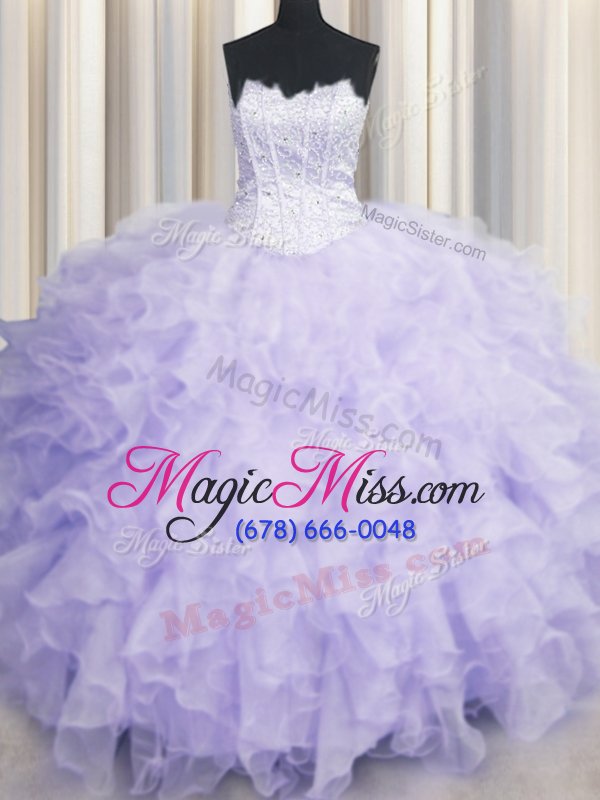 wholesale modest organza scalloped sleeveless lace up beading and ruffles quinceanera gowns in lavender