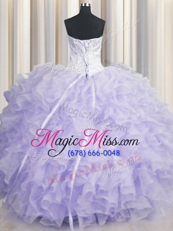 wholesale modest organza scalloped sleeveless lace up beading and ruffles quinceanera gowns in lavender