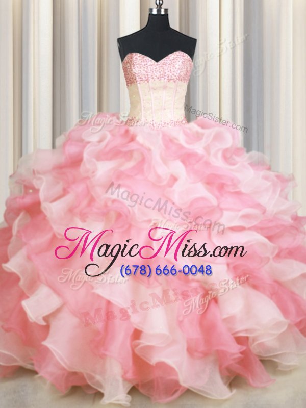wholesale visible boning two tone multi-color sweetheart lace up beading and ruffles quince ball gowns sleeveless