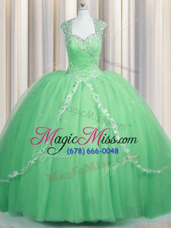 wholesale high class zipper sweetheart cap sleeves quinceanera gowns brush train beading and appliques apple green tulle