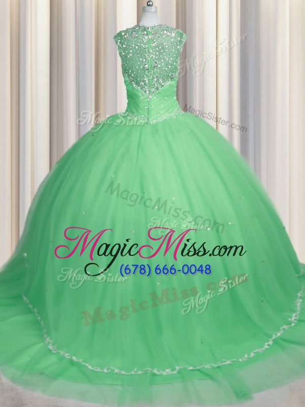 wholesale high class zipper sweetheart cap sleeves quinceanera gowns brush train beading and appliques apple green tulle