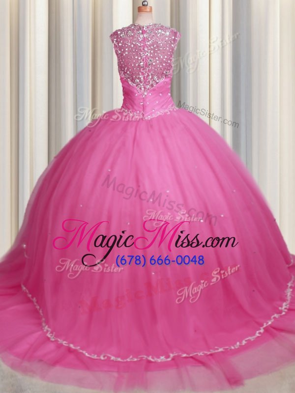 wholesale unique zipper up rose pink zipper sweet 16 quinceanera dress beading and appliques cap sleeves with brush train
