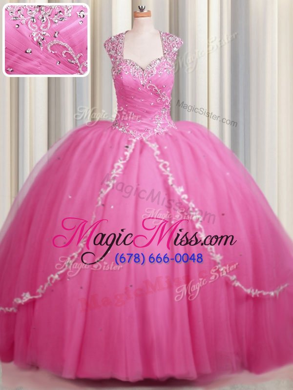 wholesale unique zipper up rose pink zipper sweet 16 quinceanera dress beading and appliques cap sleeves with brush train