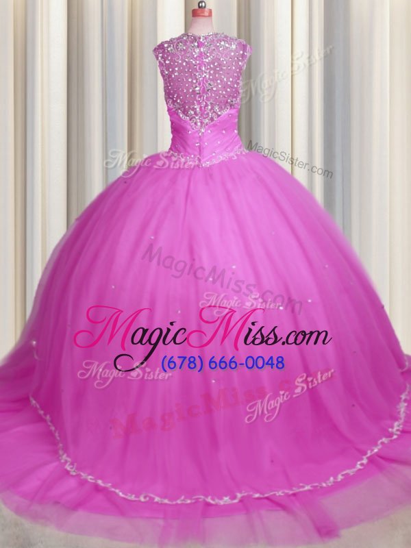wholesale superior see through sweetheart cap sleeves tulle quinceanera gowns beading and appliques brush train zipper