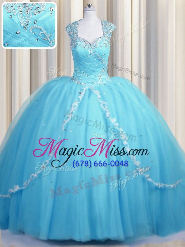 wholesale beautiful see through cap sleeves tulle with brush train zipper sweet 16 dresses in baby blue for with beading and appliques
