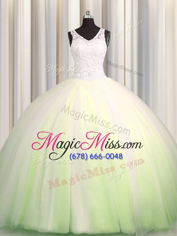 wholesale excellent zipple up big puffy sleeveless tulle brush train zipper quinceanera dress in yellow green for with beading and appliques