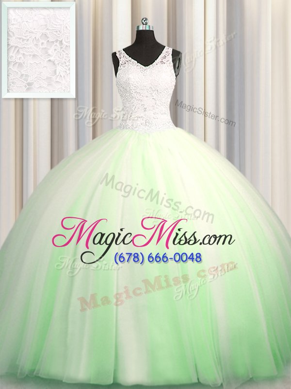 wholesale flare see through zipple up ball gowns v-neck sleeveless tulle brush train zipper beading and appliques 15 quinceanera dress