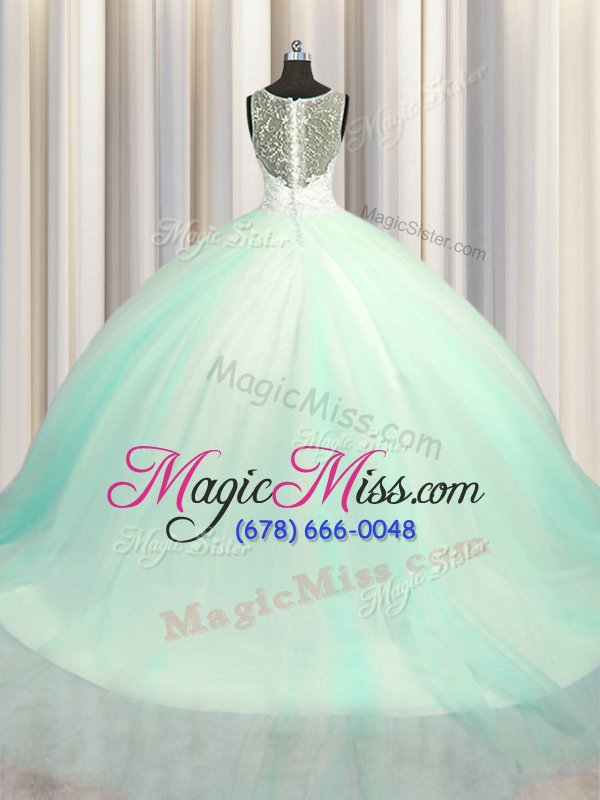 wholesale eye-catching big puffy zipper up apple green sleeveless tulle brush train zipper quinceanera dresses for military ball and sweet 16 and quinceanera