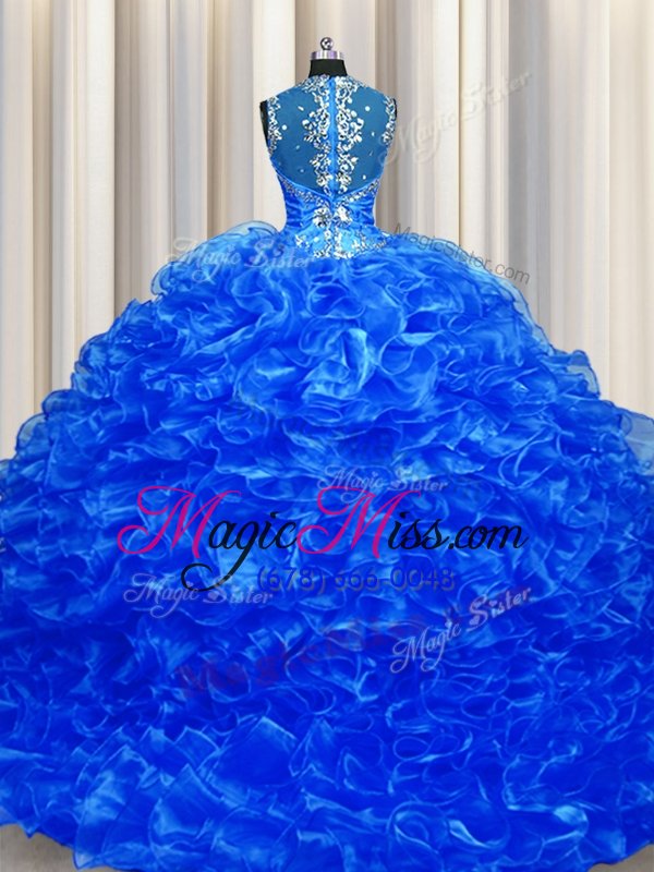 wholesale on sale zipper up see through back sleeveless sweep train beading and ruffles zipper sweet 16 quinceanera dress