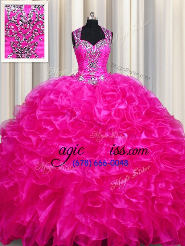 wholesale spectacular zipper up see through back fuchsia ball gowns straps sleeveless organza with train sweep train zipper beading and ruffles 15 quinceanera dress
