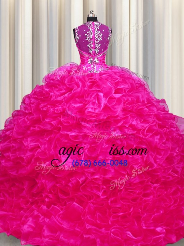 wholesale spectacular zipper up see through back fuchsia ball gowns straps sleeveless organza with train sweep train zipper beading and ruffles 15 quinceanera dress