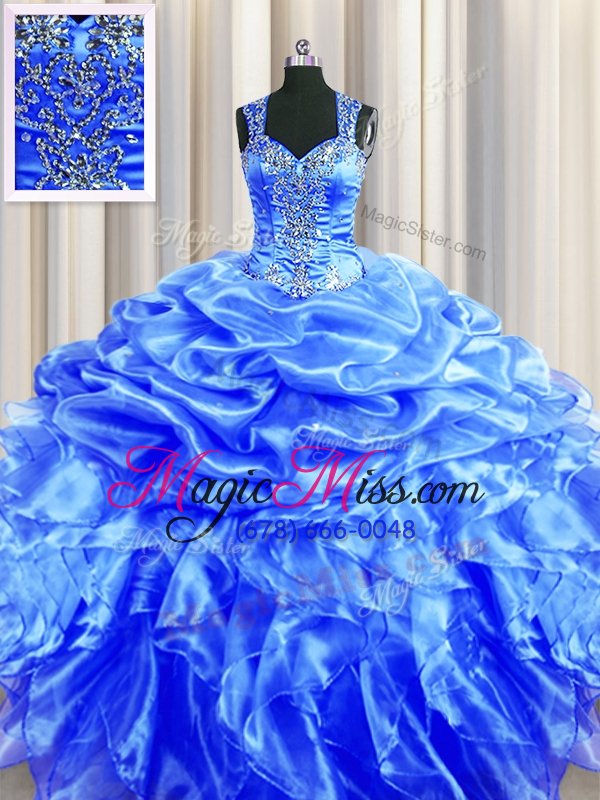 wholesale lovely zipper up see through back floor length zipper quinceanera gowns blue and in for military ball and sweet 16 and quinceanera with beading and ruffles and pick ups
