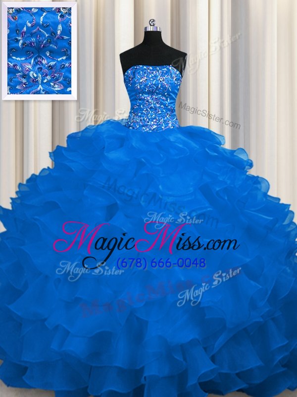 wholesale beading and ruffles quince ball gowns royal blue lace up sleeveless sweep train