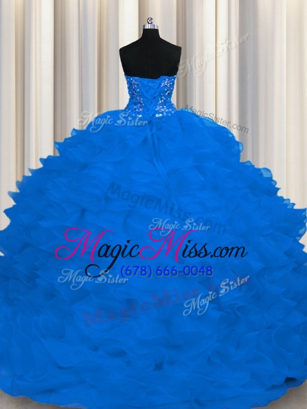 wholesale beading and ruffles quince ball gowns royal blue lace up sleeveless sweep train