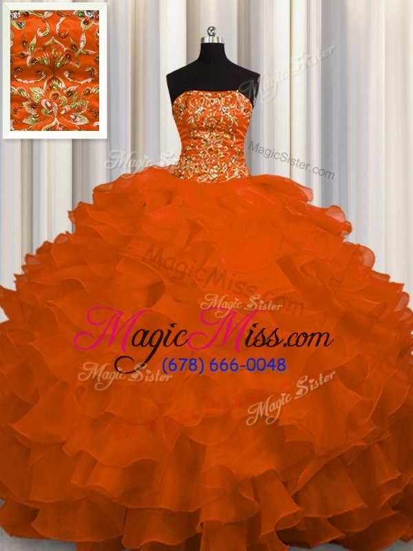 wholesale pretty rust red ball gowns strapless sleeveless organza sweep train lace up beading and ruffles sweet 16 quinceanera dress
