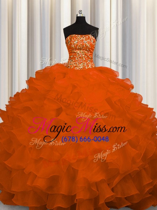 wholesale pretty rust red ball gowns strapless sleeveless organza sweep train lace up beading and ruffles sweet 16 quinceanera dress
