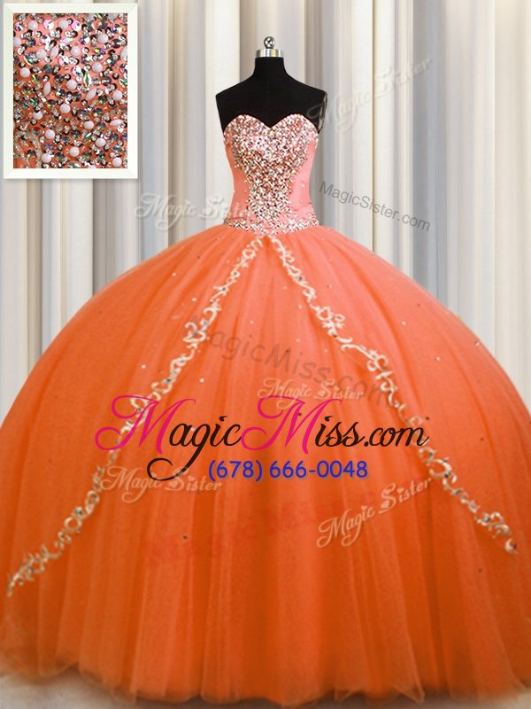 wholesale colorful orange tulle lace up sweetheart sleeveless quinceanera dresses brush train beading