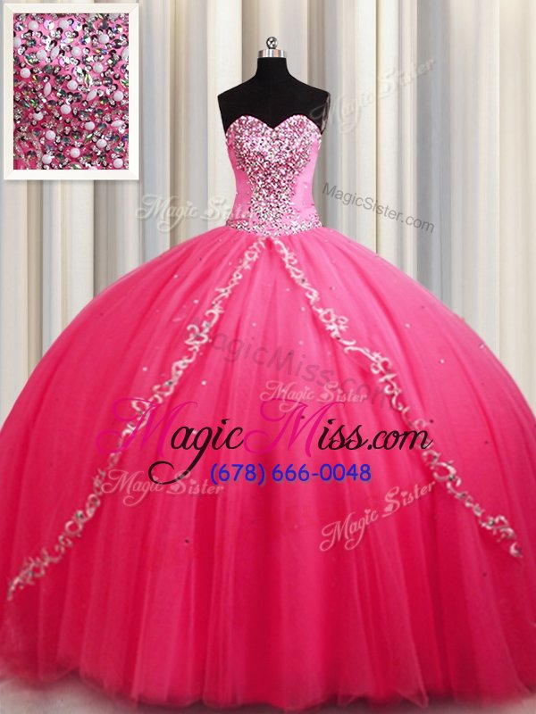 wholesale hot pink tulle lace up sweetheart sleeveless vestidos de quinceanera brush train beading