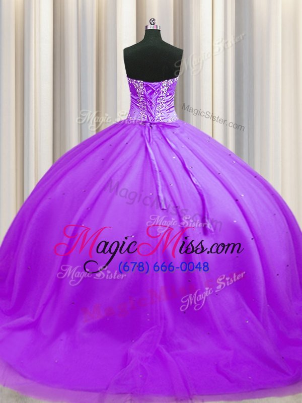 wholesale beauteous purple quinceanera gown tulle sweep train sleeveless beading