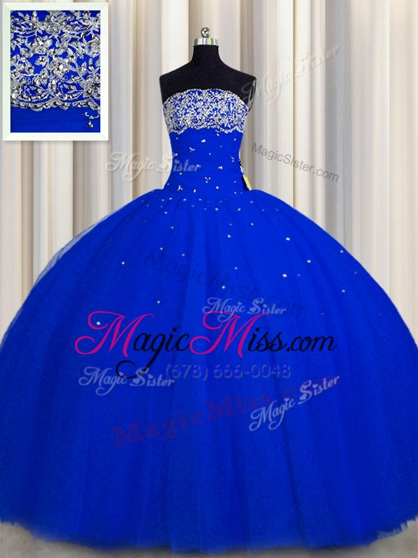 wholesale latest really puffy sleeveless floor length beading and sequins lace up quinceanera gowns with royal blue