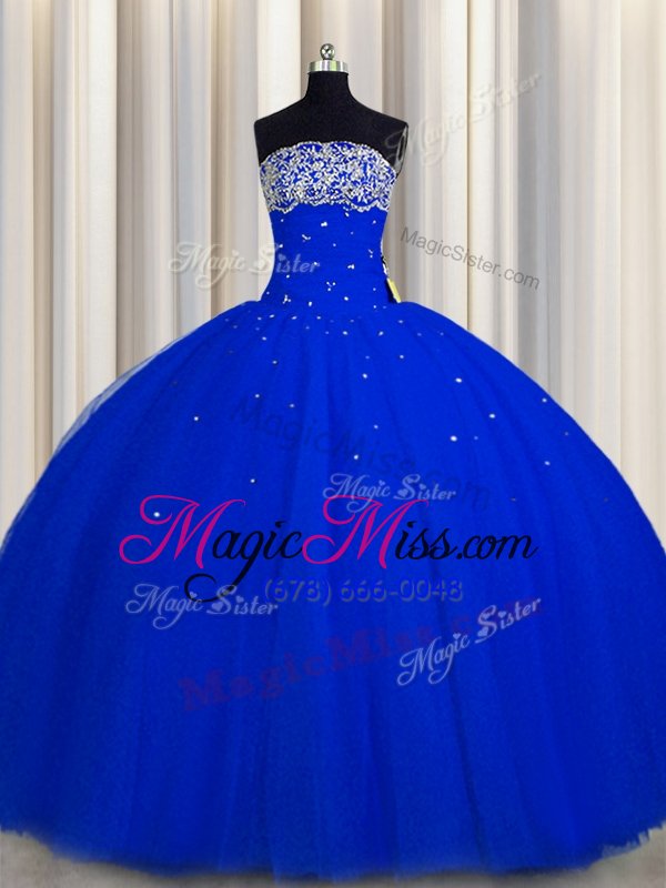 wholesale latest really puffy sleeveless floor length beading and sequins lace up quinceanera gowns with royal blue