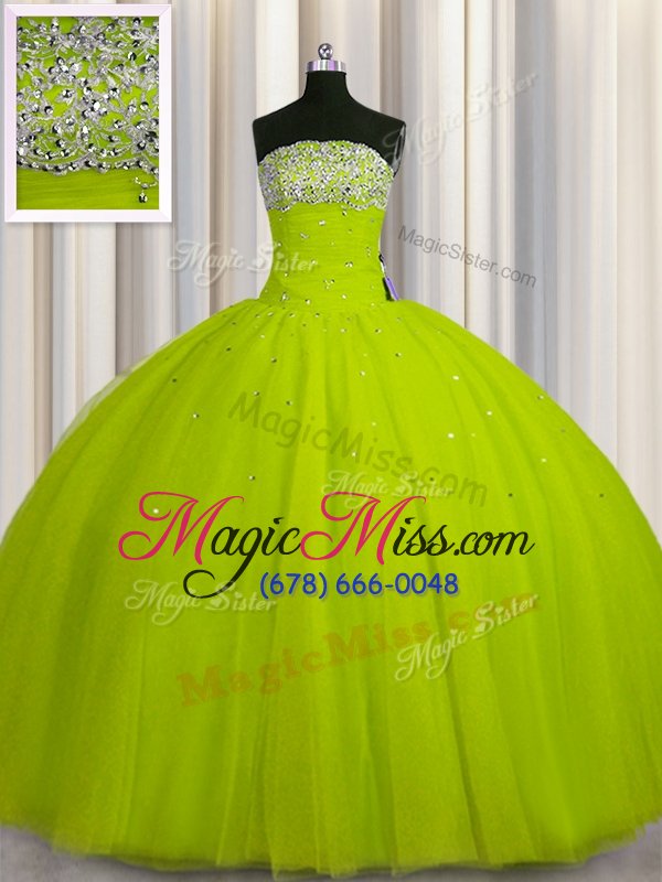 wholesale excellent big puffy yellow green organza lace up sweet 16 dress sleeveless floor length beading and sequins