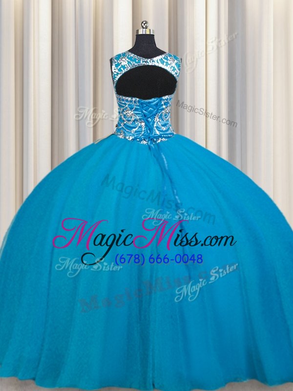 wholesale best scoop floor length ball gowns sleeveless aqua blue ball gown prom dress lace up