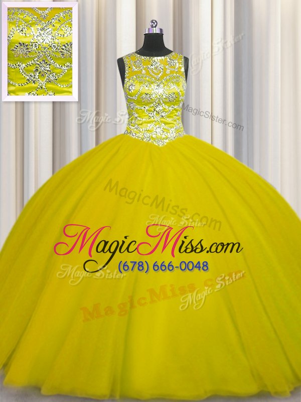 wholesale shining scoop sleeveless tulle floor length lace up sweet 16 dresses in gold for with beading