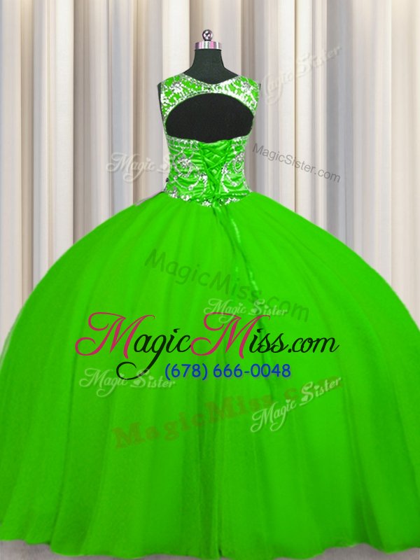wholesale fancy ball gowns scoop sleeveless tulle floor length lace up beading quinceanera gowns