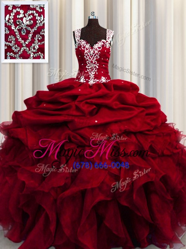 wholesale hot selling see through straps sleeveless organza quinceanera gowns beading and ruffles and sequins zipper