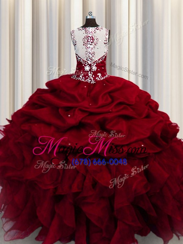 wholesale hot selling see through straps sleeveless organza quinceanera gowns beading and ruffles and sequins zipper