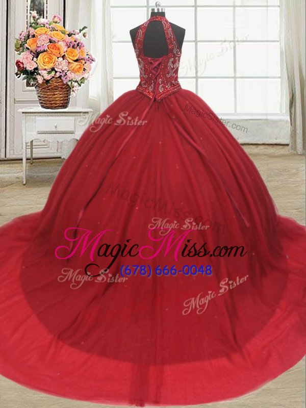wholesale beauteous halter top sleeveless tulle court train lace up quince ball gowns in red for with beading and appliques