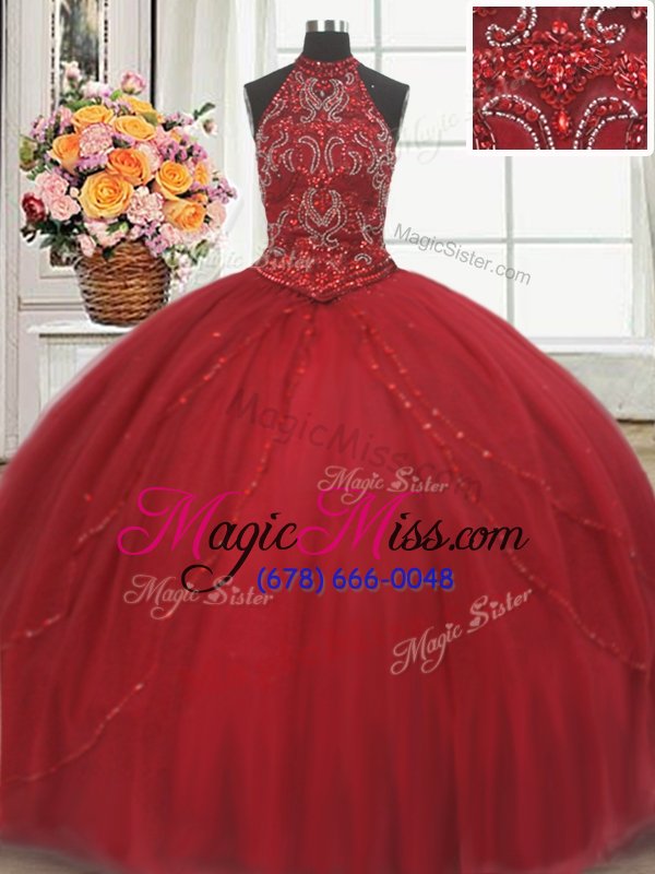 wholesale beauteous halter top sleeveless tulle court train lace up quince ball gowns in red for with beading and appliques