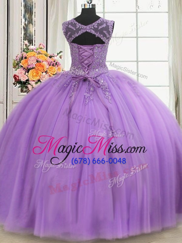wholesale popular see through lavender ball gowns scoop sleeveless tulle floor length lace up beading and appliques sweet 16 dress