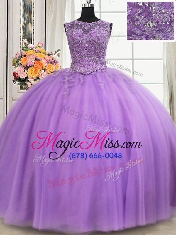 wholesale popular see through lavender ball gowns scoop sleeveless tulle floor length lace up beading and appliques sweet 16 dress
