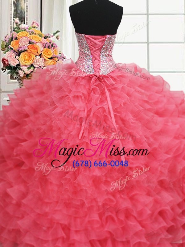 wholesale charming beaded bodice coral red ball gowns beading and ruffles quinceanera dresses lace up organza sleeveless floor length