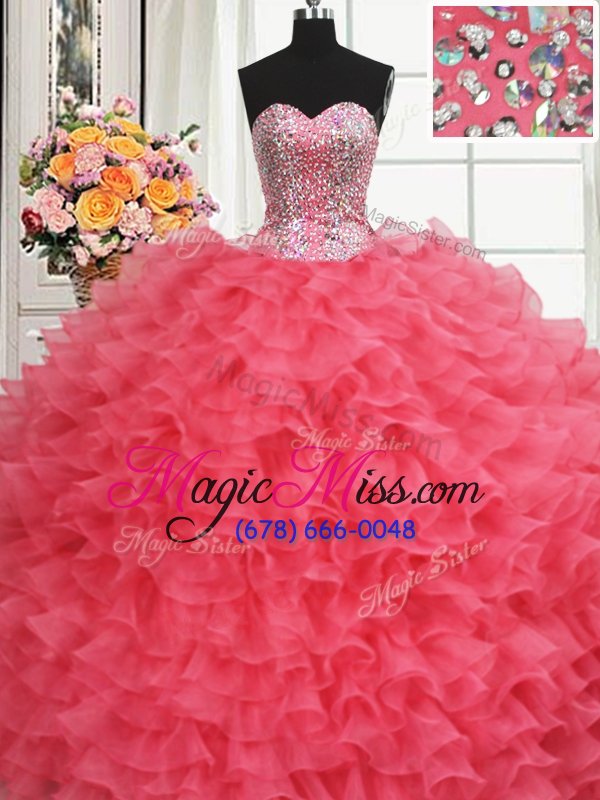 wholesale charming beaded bodice coral red ball gowns beading and ruffles quinceanera dresses lace up organza sleeveless floor length