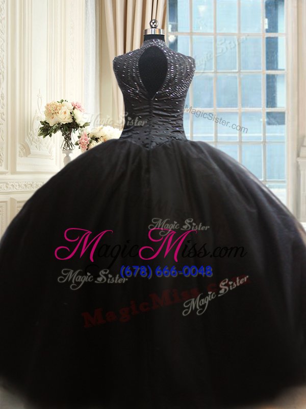 wholesale modern high neck black tulle zipper quinceanera gown cap sleeves floor length beading