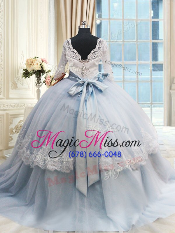 wholesale glamorous scalloped light blue quinceanera dress tulle brush train half sleeves beading and lace and bowknot