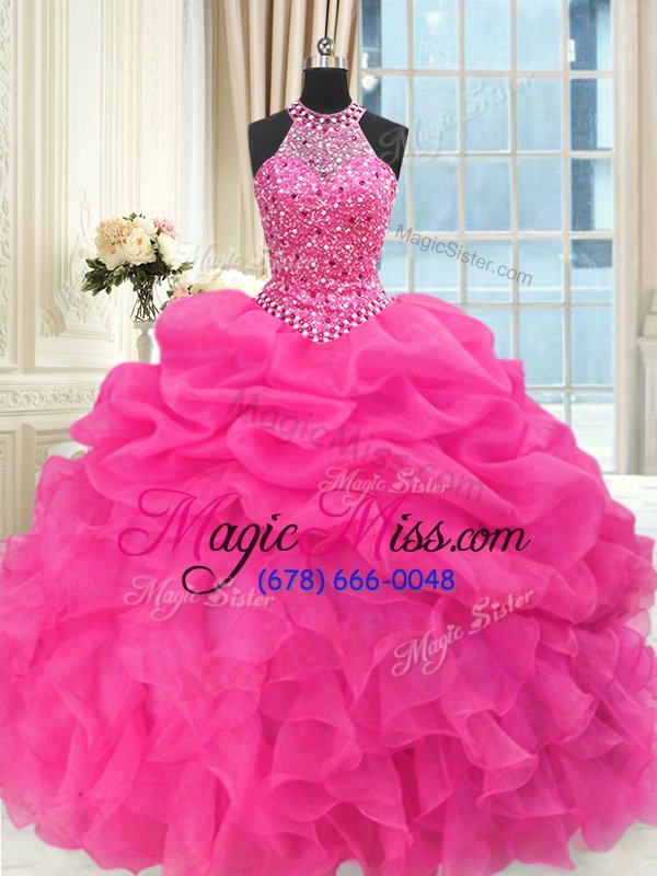 wholesale eye-catching see through beaded bodice organza sleeveless floor length sweet 16 quinceanera dress and beading and ruffles and pick ups