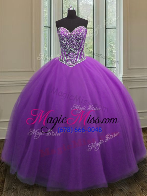 wholesale top selling eggplant purple sleeveless beading floor length quinceanera gown