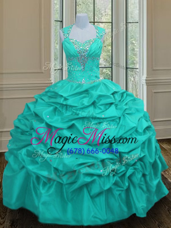 wholesale chic pick ups ball gowns quinceanera dress aqua blue straps taffeta sleeveless floor length lace up
