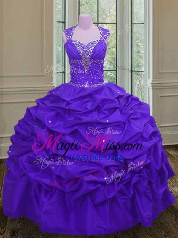 wholesale charming eggplant purple taffeta lace up straps sleeveless floor length ball gown prom dress beading and pick ups