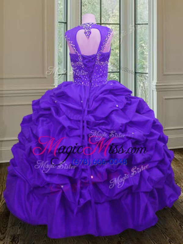 wholesale charming eggplant purple taffeta lace up straps sleeveless floor length ball gown prom dress beading and pick ups