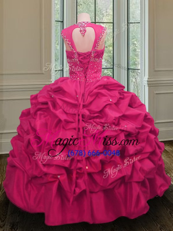wholesale glittering straps straps sleeveless floor length beading and pick ups lace up quince ball gowns with hot pink